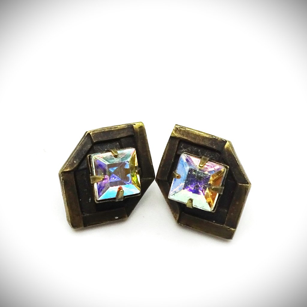 Loren Hope Blackened Brass Iridescent Crystal Hexagon Shape Stud Earrings 30$